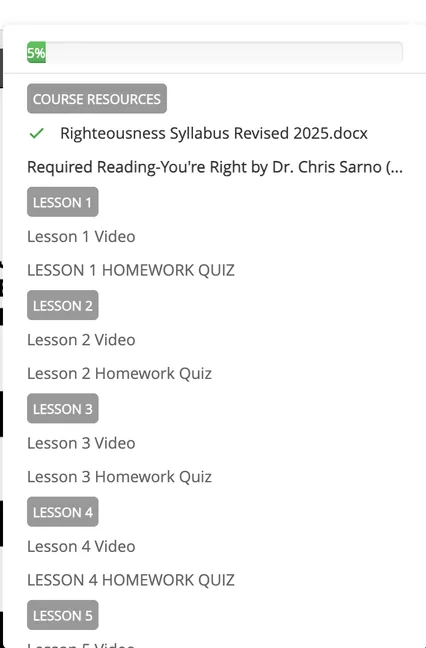 A course page listing eight video lessons with homework quizzes and resources