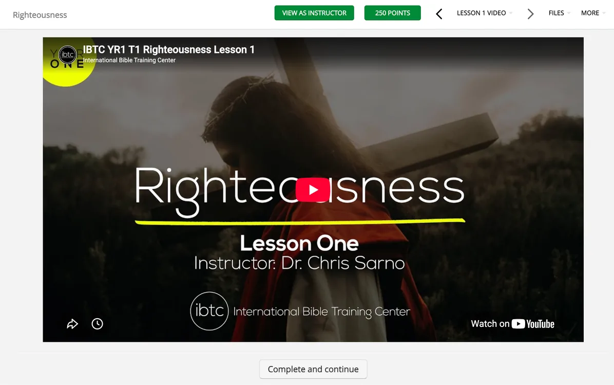 A course video lesson player showing IBTC Year 1 Term 1 Righteousness Lesson 1